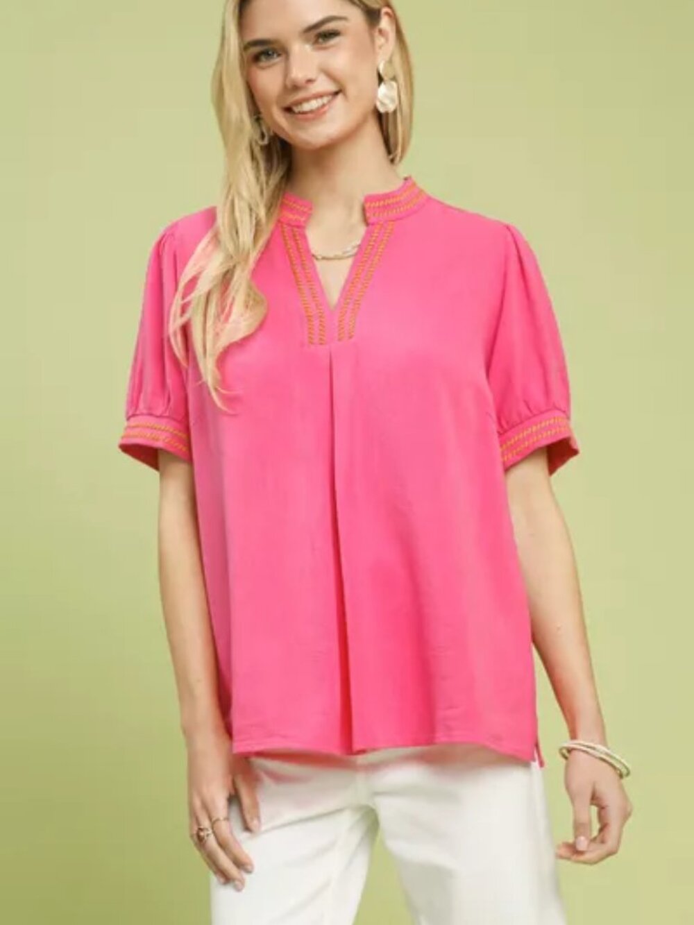 Umgee Embroidery Linen Puff Sleeve Blouse